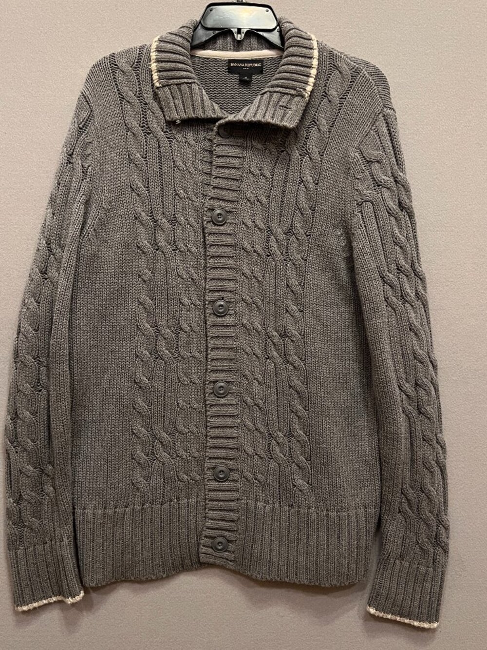 Mens Banana Republic Gray White Cardigan Sweater, Size Medium Chunky Cable